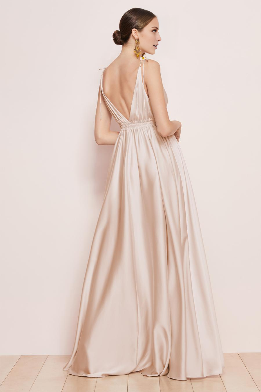 Blushing Pink Satin A-Line Floor-Length V-Neck Bridesmaid Dress