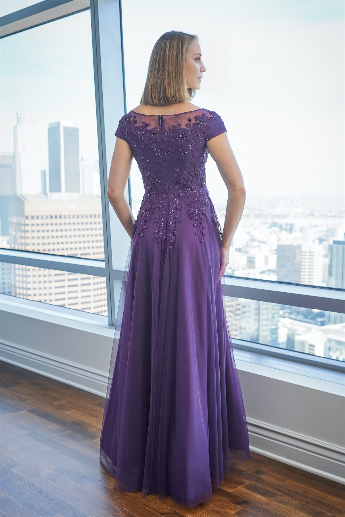 Purple Chiffon A-Line Floor-Length Dress with Lace Appliques & Illusion Boat Neck