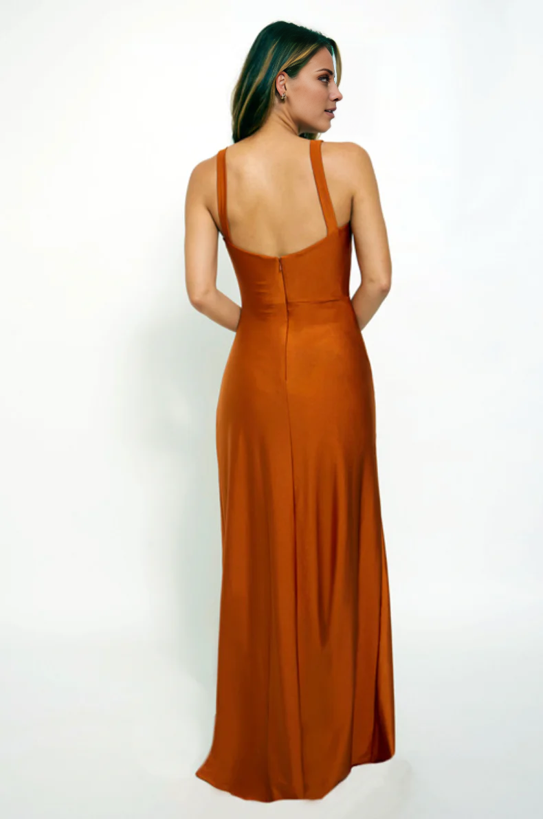 Vestido de noche Jimiss con escote cuadrado, hombros descubiertos, sin mangas, espalda descubierta, abertura lateral y largo hasta el suelo