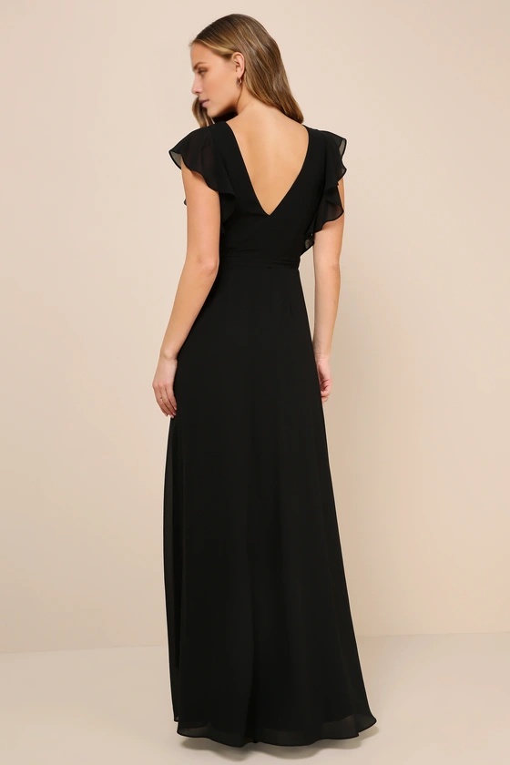 Abito da sera lungo fino al pavimento, con scollo a V, maniche corte, schiena scoperta e spacco laterale