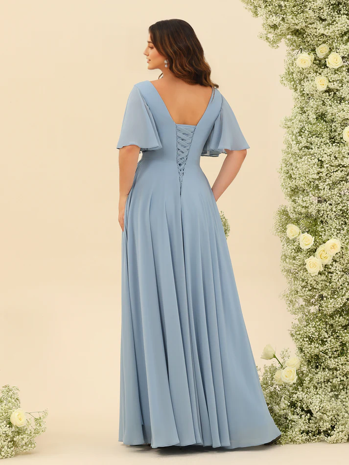 Chiffon Short-Sleeve V-Neck Ruched Bodice High-Slit A-Line Floor-Length Comfortable Bridesmaid Dress