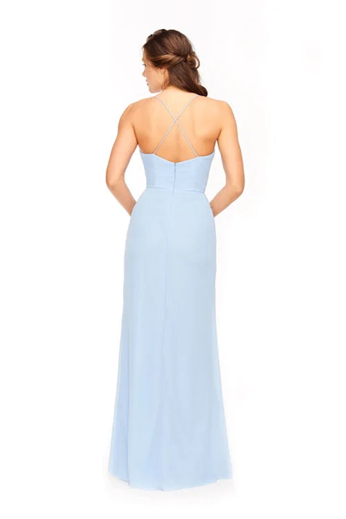 Vestido de fiesta Jimiss con escote en V, hombros descubiertos, sin mangas, tirantes finos con detalles plisados, espalda descubierta y largo hasta el suelo