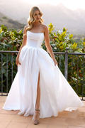 White Satin A-Line Floor-Length Evening Dress with Draped Bodice and High Slit