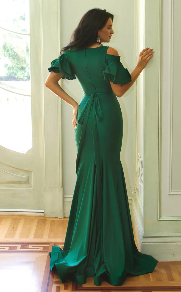 Mermaid short sleeved V-neck and floor length Prom dress