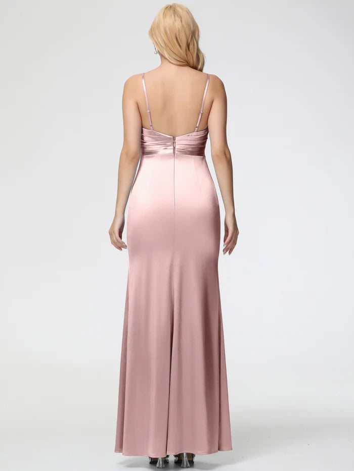 Jimiss V-neck sleeveless thin shoulder strap trumpet/mermaid slit satin Prom dress