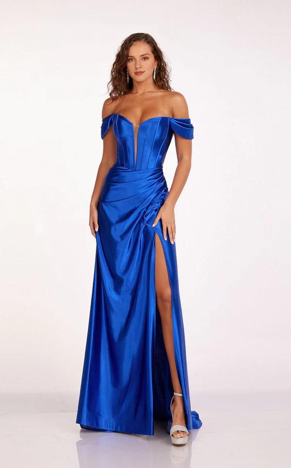 Off shoulder collar satin high slit and floor length Prom dress
