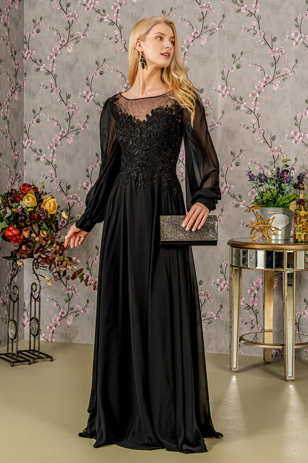Lilac Chiffon A-Line Floor-Length Bridesmaid Dress with Embroidered Bodice and Bishop Sleeves