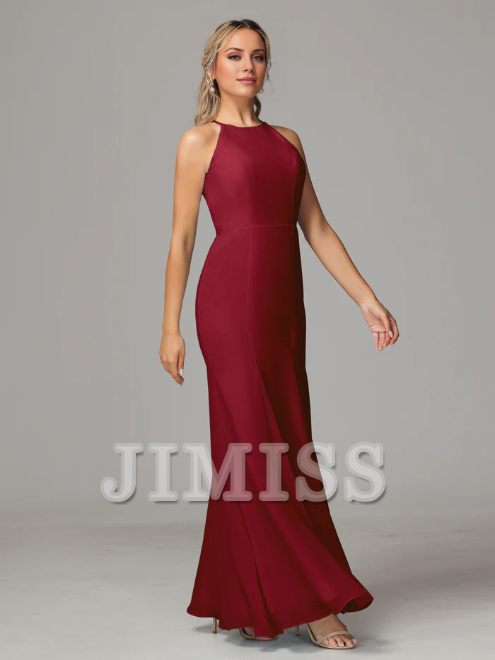 Vestido de dama de honor de gasa con escote colgante, espalda descubierta y abertura lateral