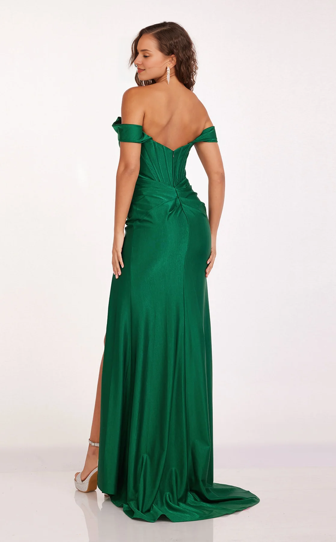 Spoon collar off shoulder sleeves side slits and floor length Prom dress