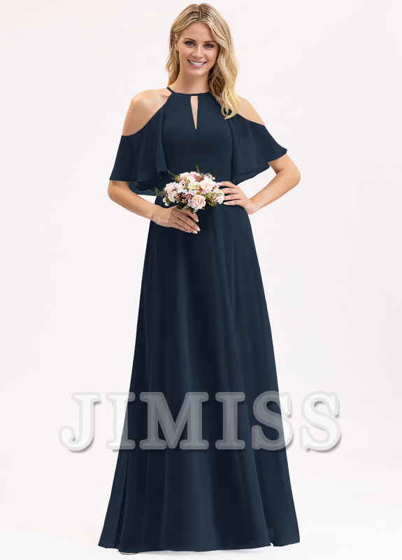 Abito da damigella d'onore in chiffon lungo fino a terra, con scollo a barchetta, spalle scoperte e linea ad A