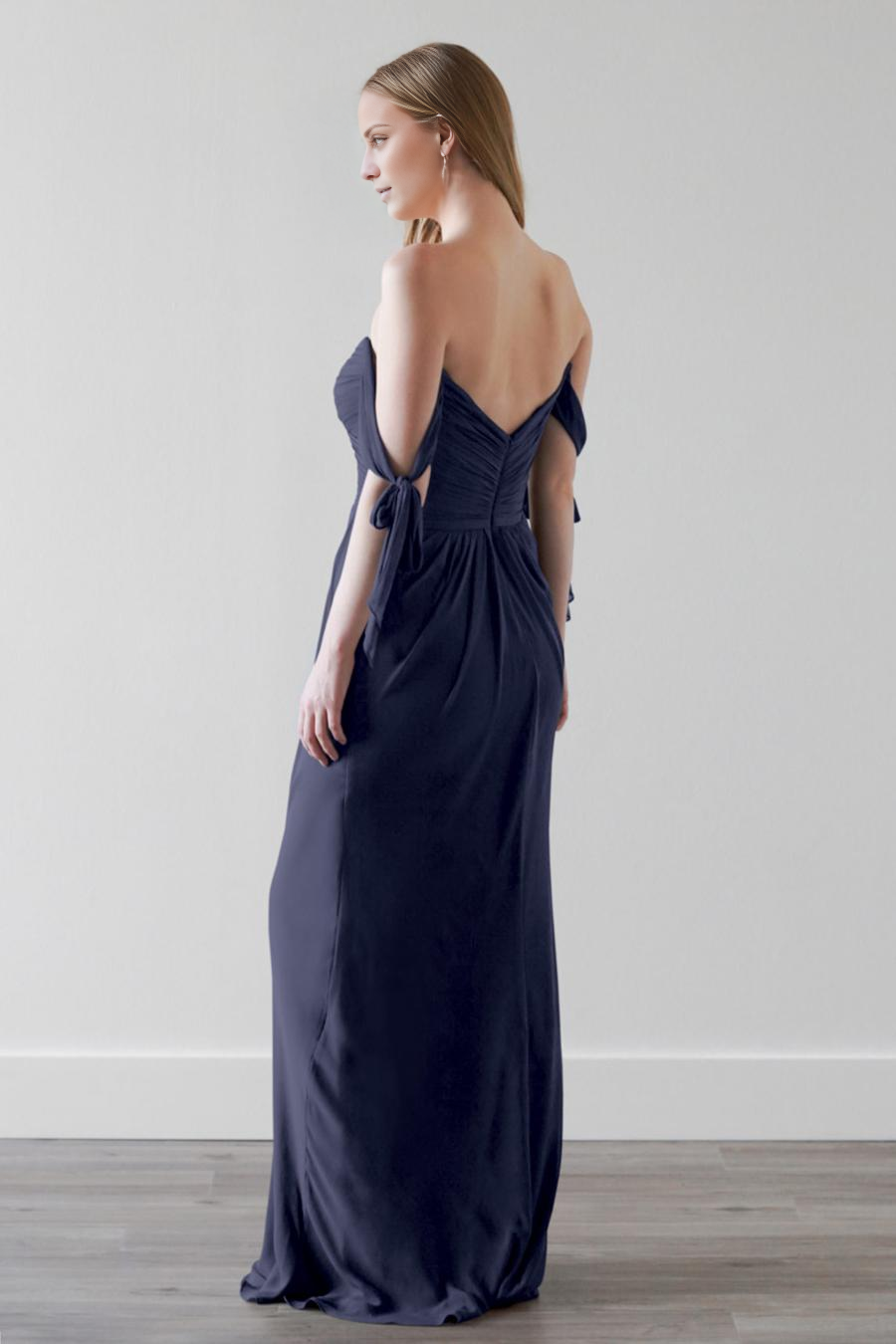 Dark Navy Off-the-Shoulder Chiffon Floor-Length Bridesmaid Dress