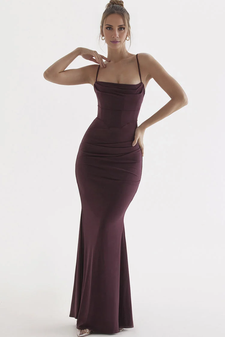 Vestido de fiesta Jimiss de corte sirena, escote cuadrado, hombros descubiertos, sin mangas, tirantes finos, espalda descubierta y largo hasta el suelo