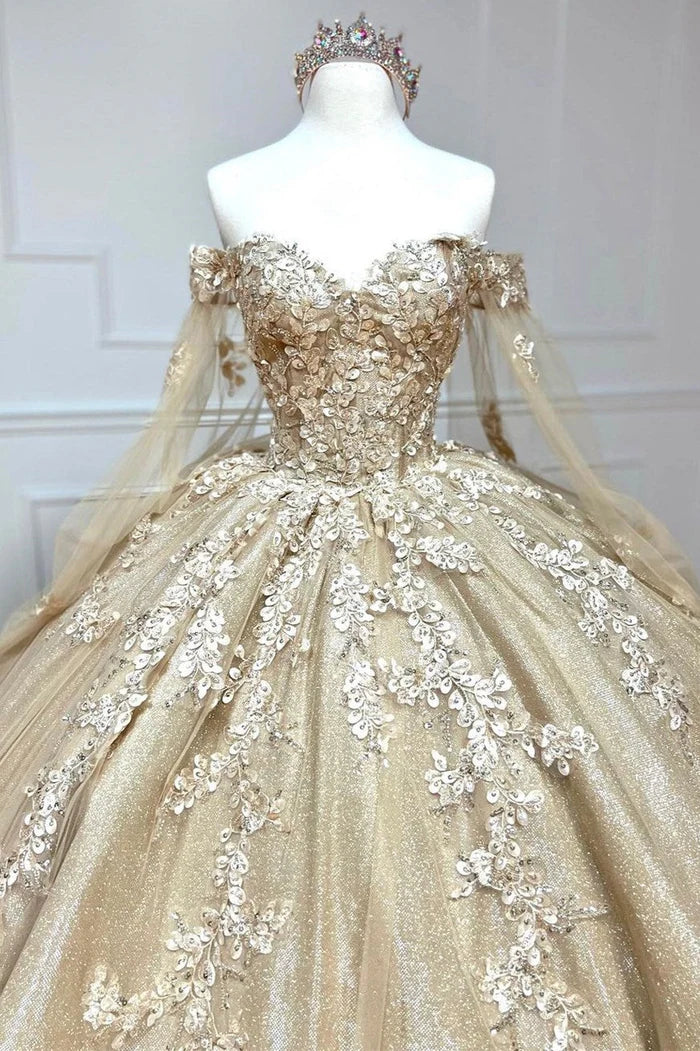 Vestido de baile con escote corazón dorado y mangas estilo capa para adultos