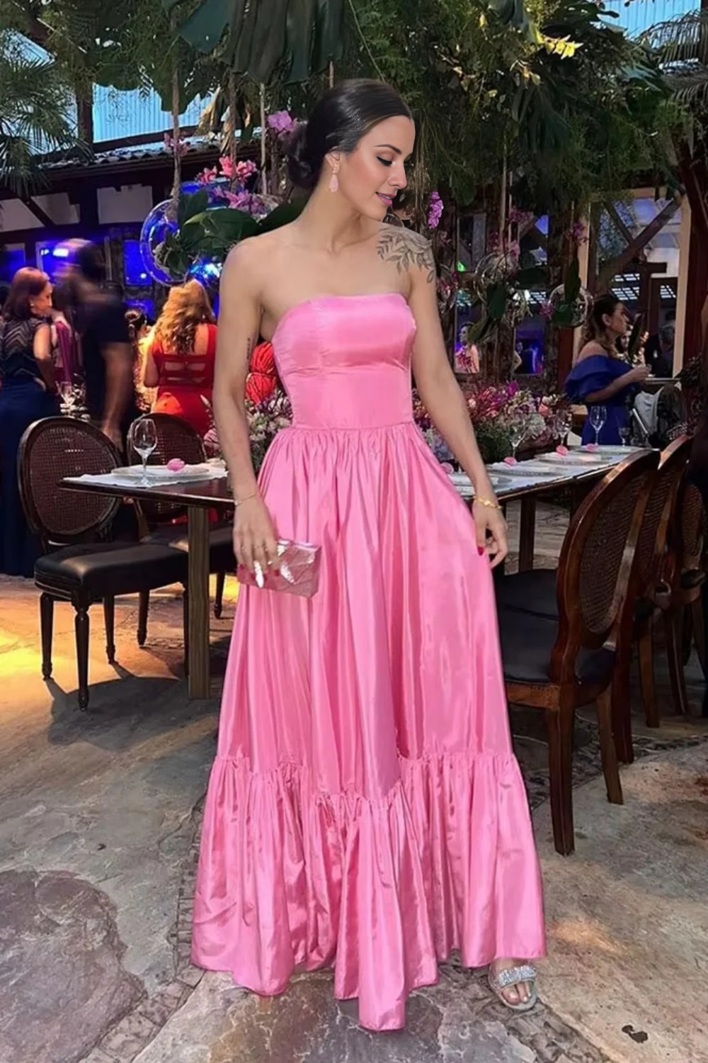 Pink Satin Straight Neck A-Line Floor-Length Dress with High Slit & Ruffled Hem