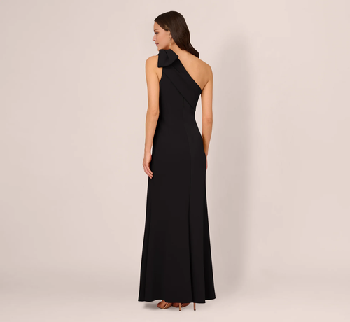 Black Crepe One Shoulder A-Line Floor-Length Evening Dress with Oversized Bow