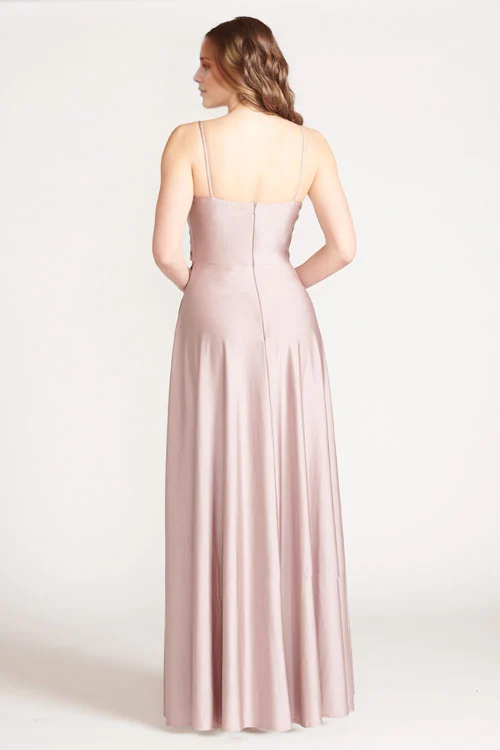 Vestido de fiesta Jimiss con escote en V, hombros descubiertos, sin mangas, tirantes finos, espalda descubierta, abertura lateral y largo hasta el suelo