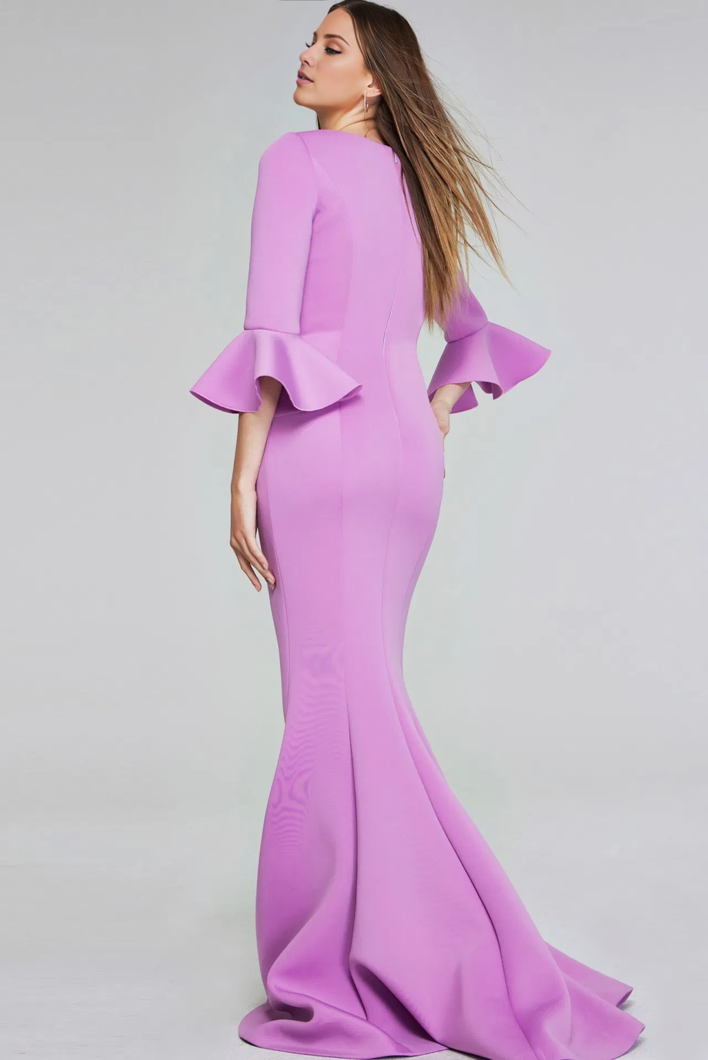 Lavender Crepe Sheath/column Floor-Length Gown with Square Neck & Bell Sleeves