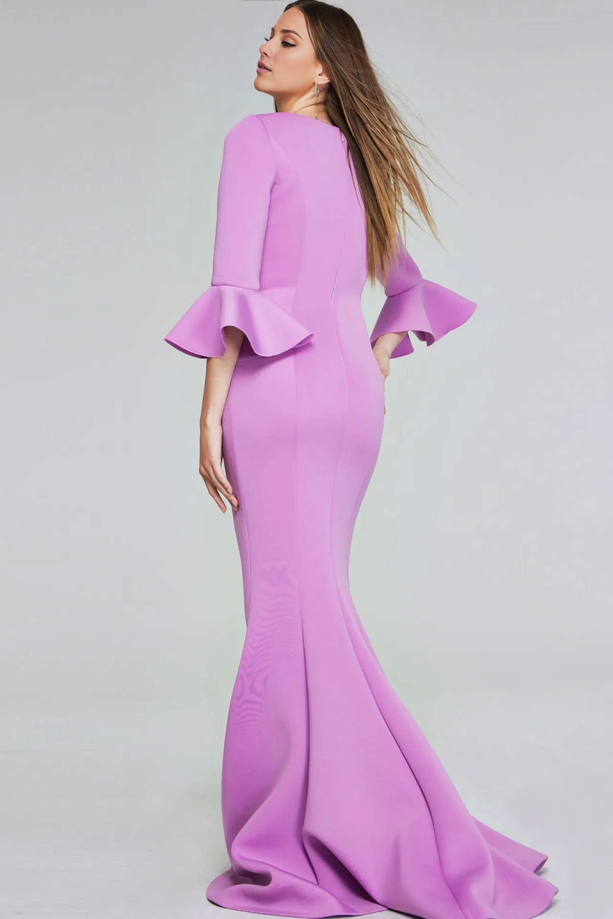 Lavender Crepe Sheath/column Floor-Length Gown with Square Neck & Bell Sleeves