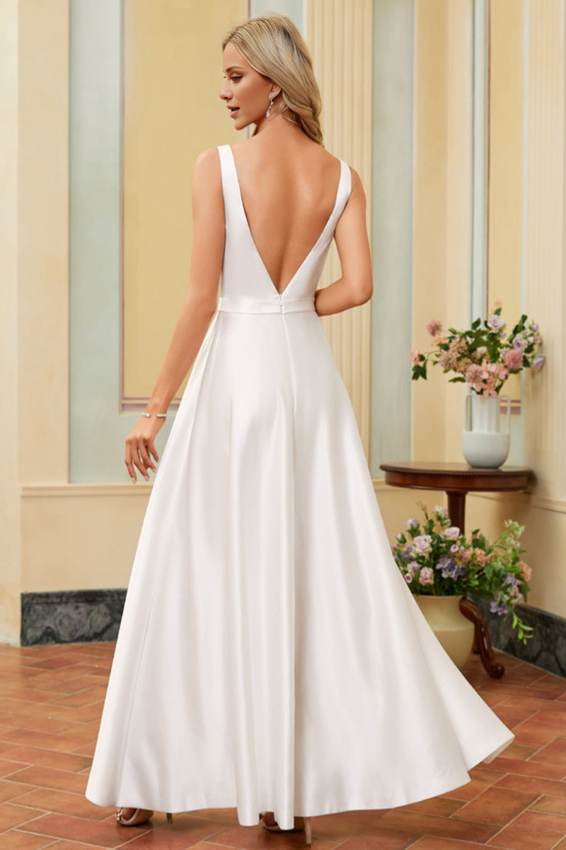Ivory Satin V-Neck A-Line Floor-Length Bridesmaid Dress