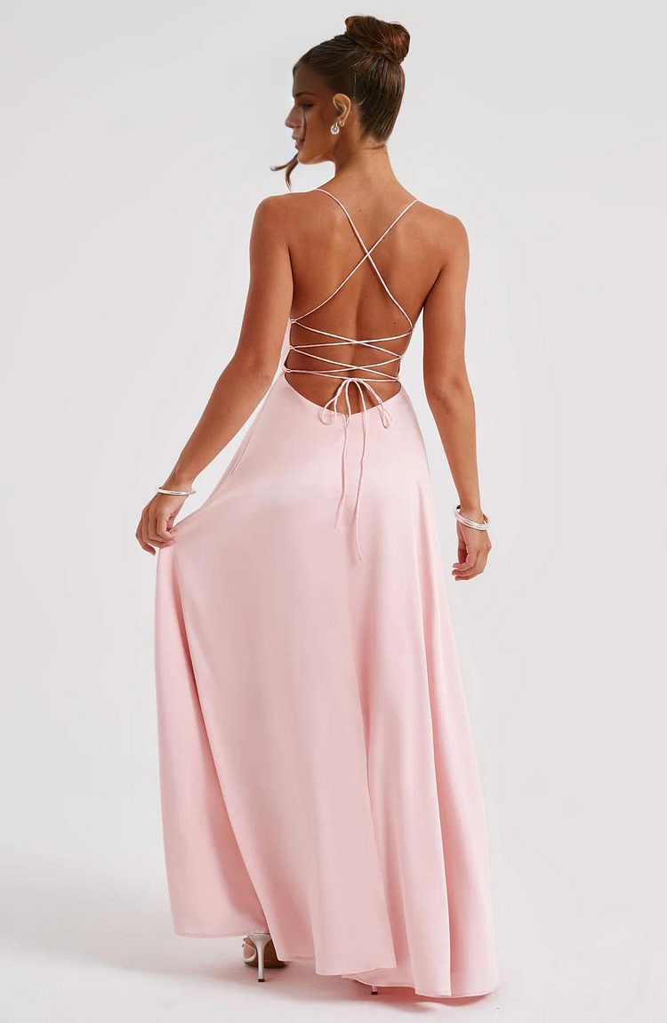 Blushing Pink Satin Cowl Neck A-Line Floor-Length Bridesmaid Dress