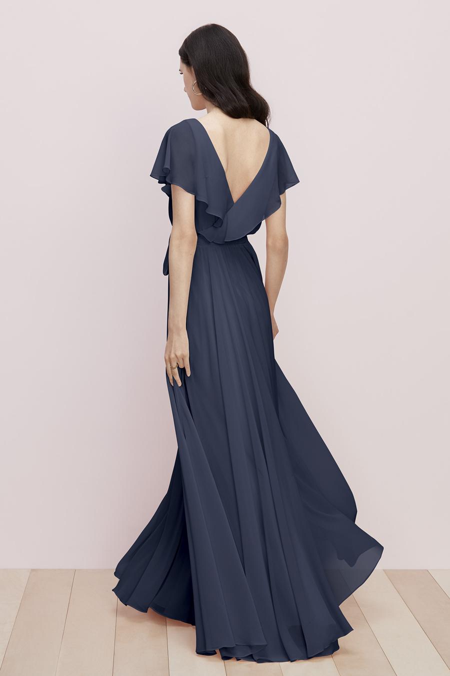 Slate Blue Chiffon Ruffled V-Neck A-Line Floor-Length Bridesmaid Dress