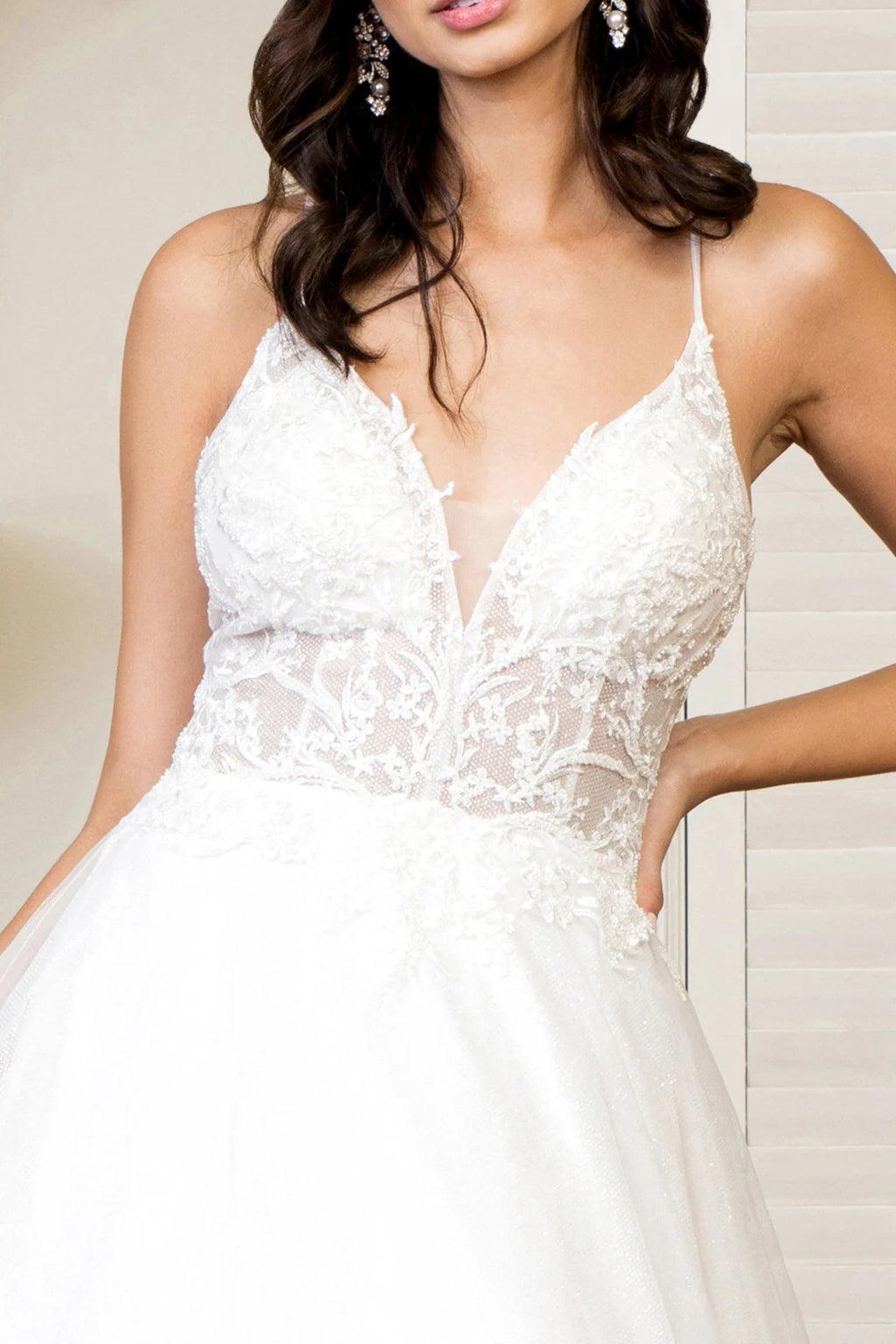 White A-Line V-Neck Floor-Length Evening Dress with Glitter Tulle Skirt
