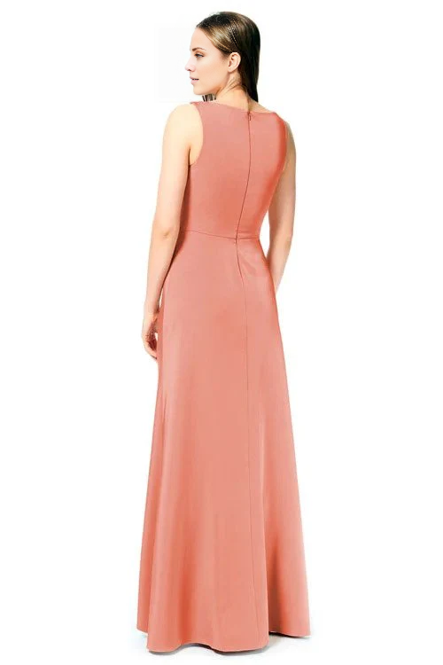 Vestido de noche Jimiss con escote en V, hombros descubiertos, sin mangas, detalles plisados y largo hasta el suelo