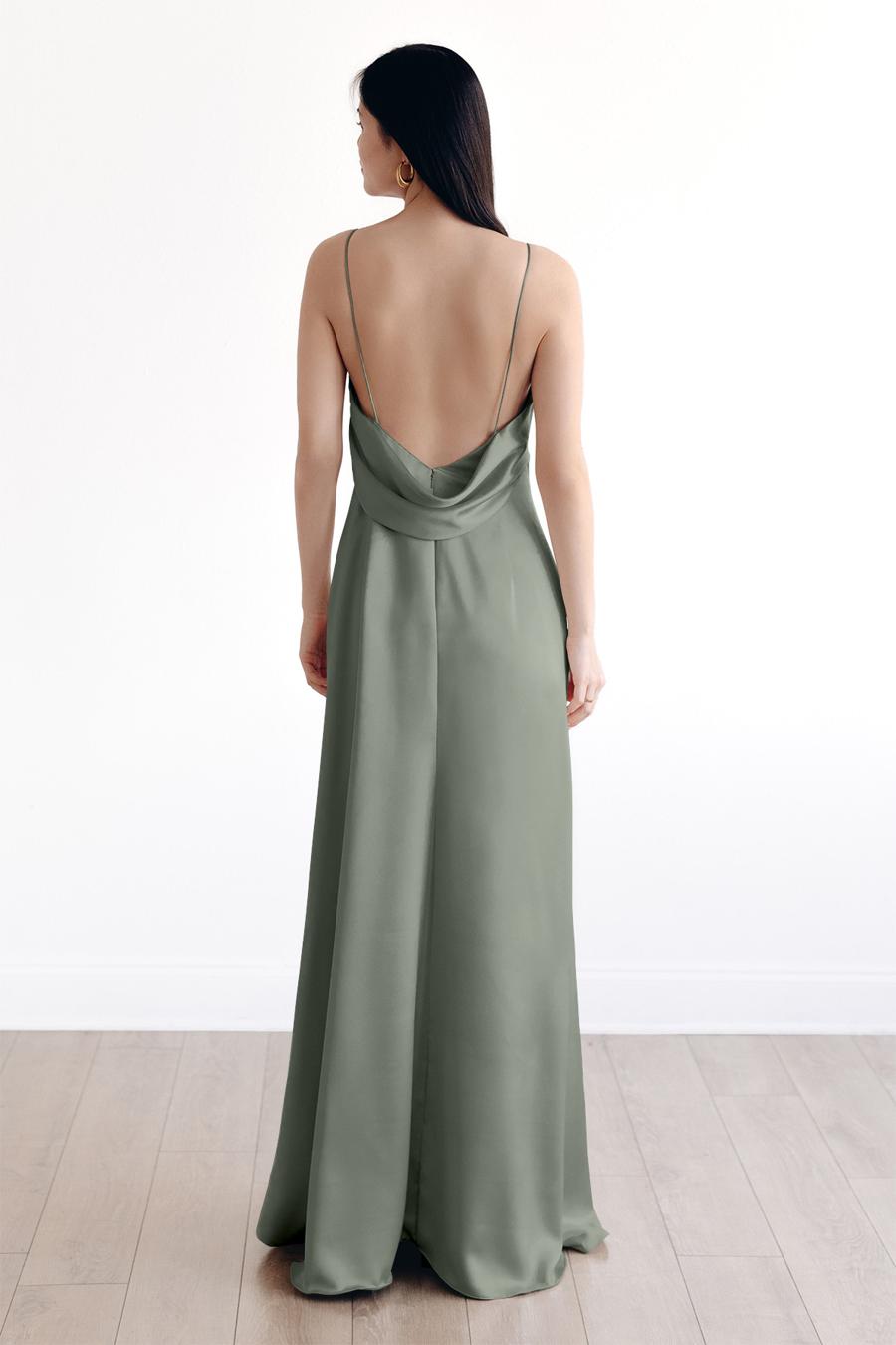 Vestido de noche Jimiss con escote en V, tirantes finos, sin mangas, espalda descubierta y largo hasta el suelo
