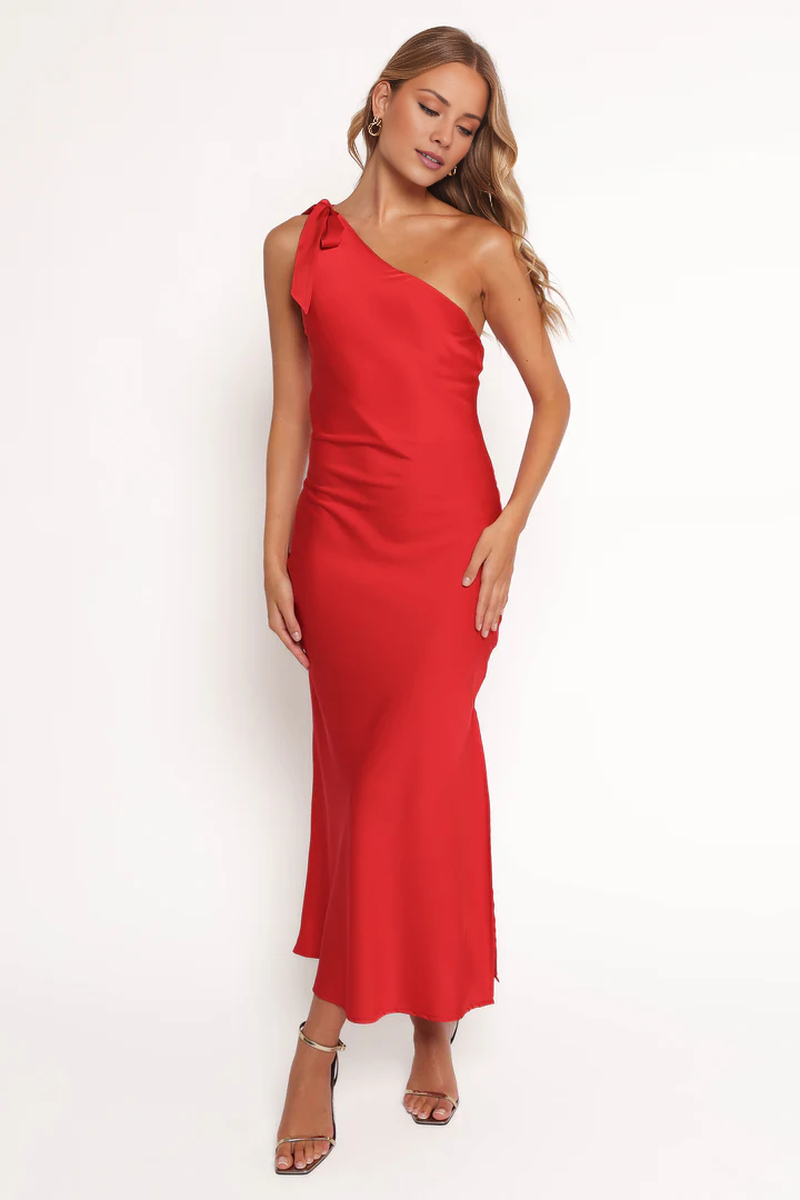 Vestido de fiesta largo de satén con cuello de un solo hombro y abertura lateral de Jimiss