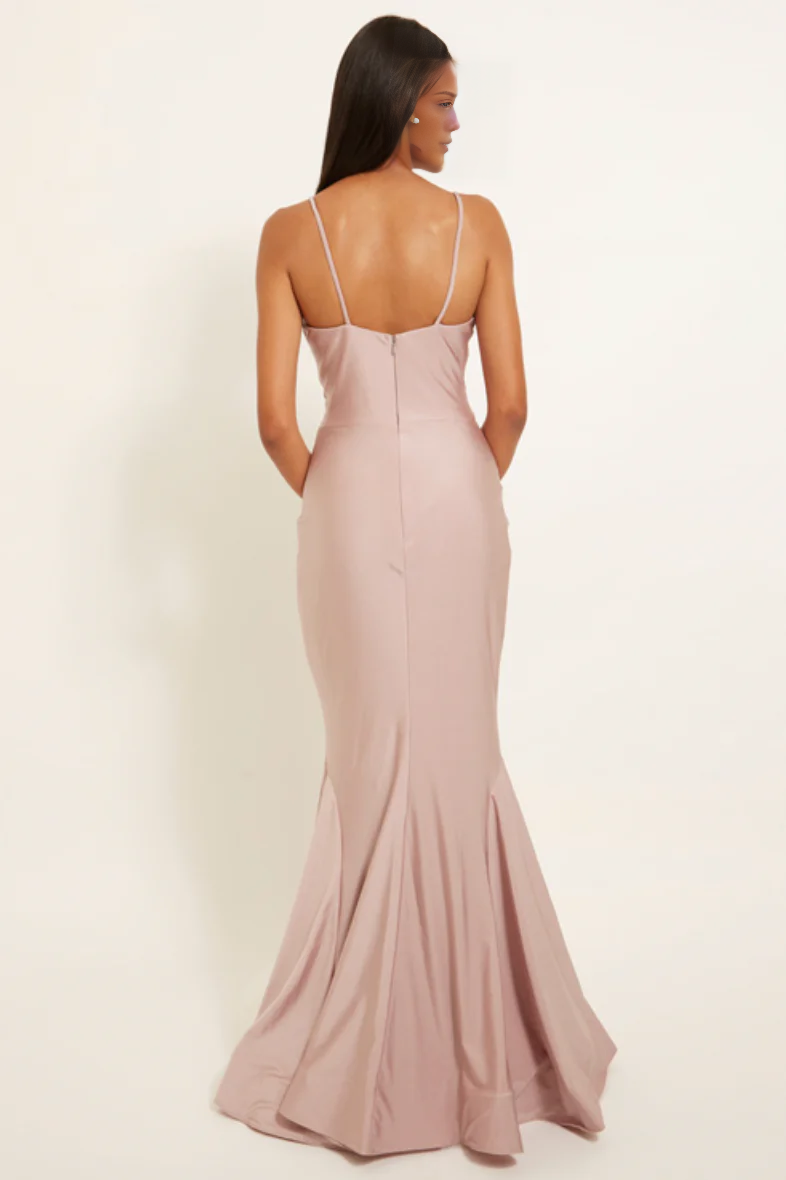Vestido de fiesta Jimiss de corte sirena, escote en V profundo, hombros descubiertos, sin mangas, espalda descubierta y largo hasta el suelo