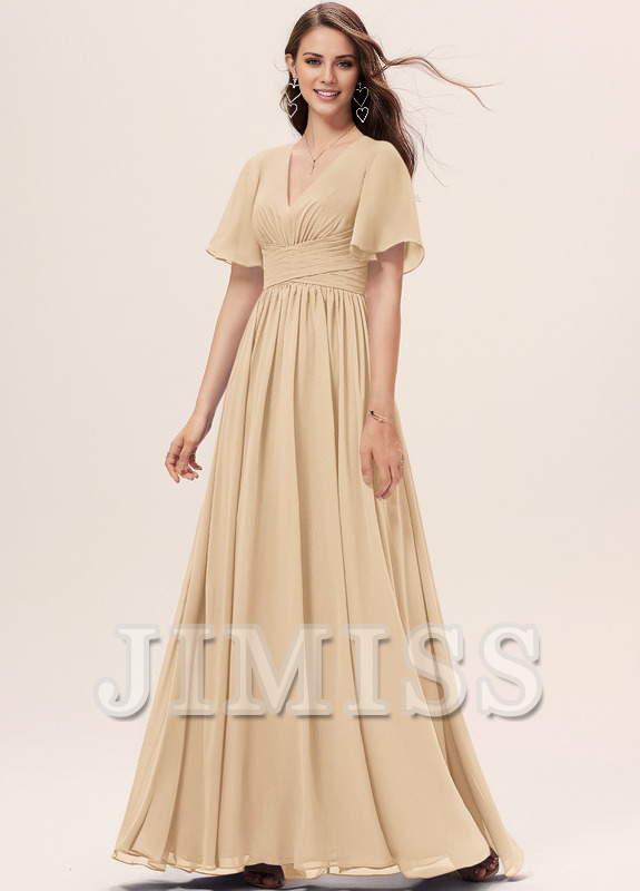 Vestido de dama de honor de gasa con volantes, escote en V y largo hasta el suelo