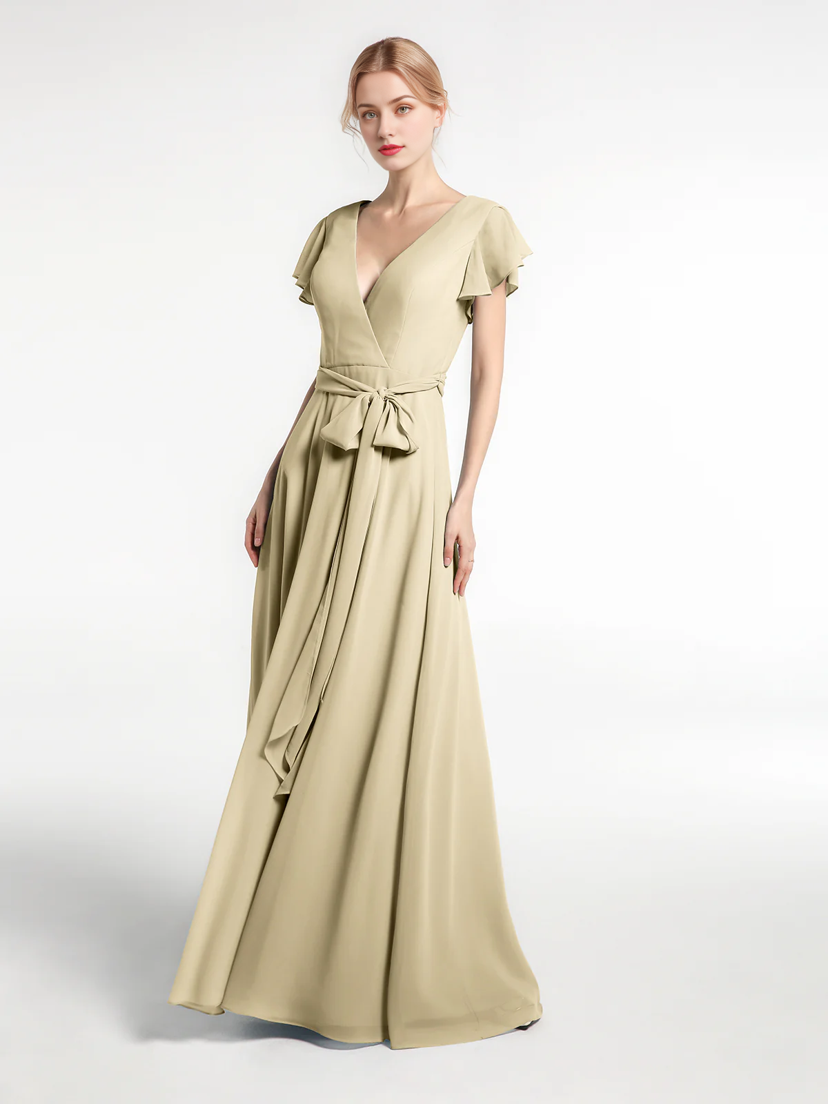 Vestido de gasa con cuello en V, capucha, mangas y lazo