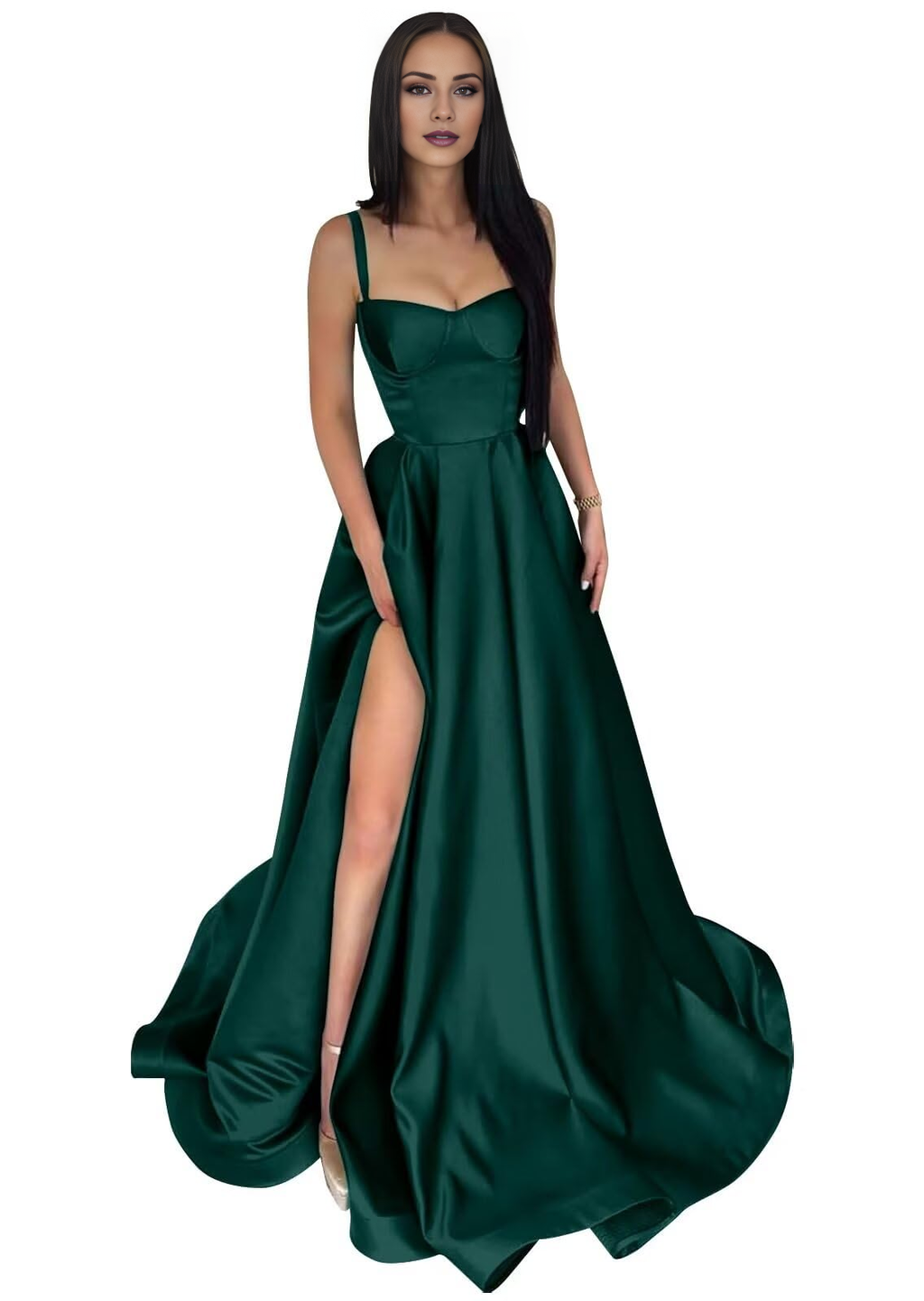 Vestido de fiesta formal de satén con tirantes finos, abertura larga en forma de A y plisado.