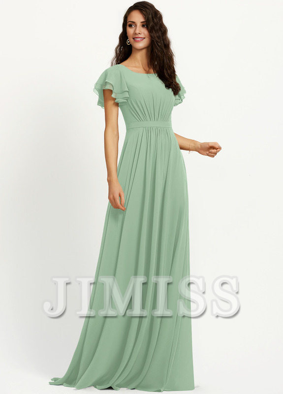 Vestido de dama de honor de gasa con escote redondo y volantes en forma de A