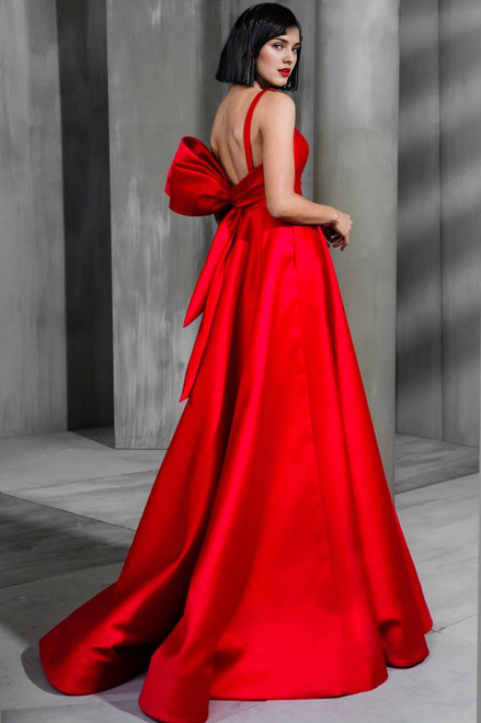 Red Satin A-Line Floor-Length Evening Dress with Illusion V-Neck and Bow Back
