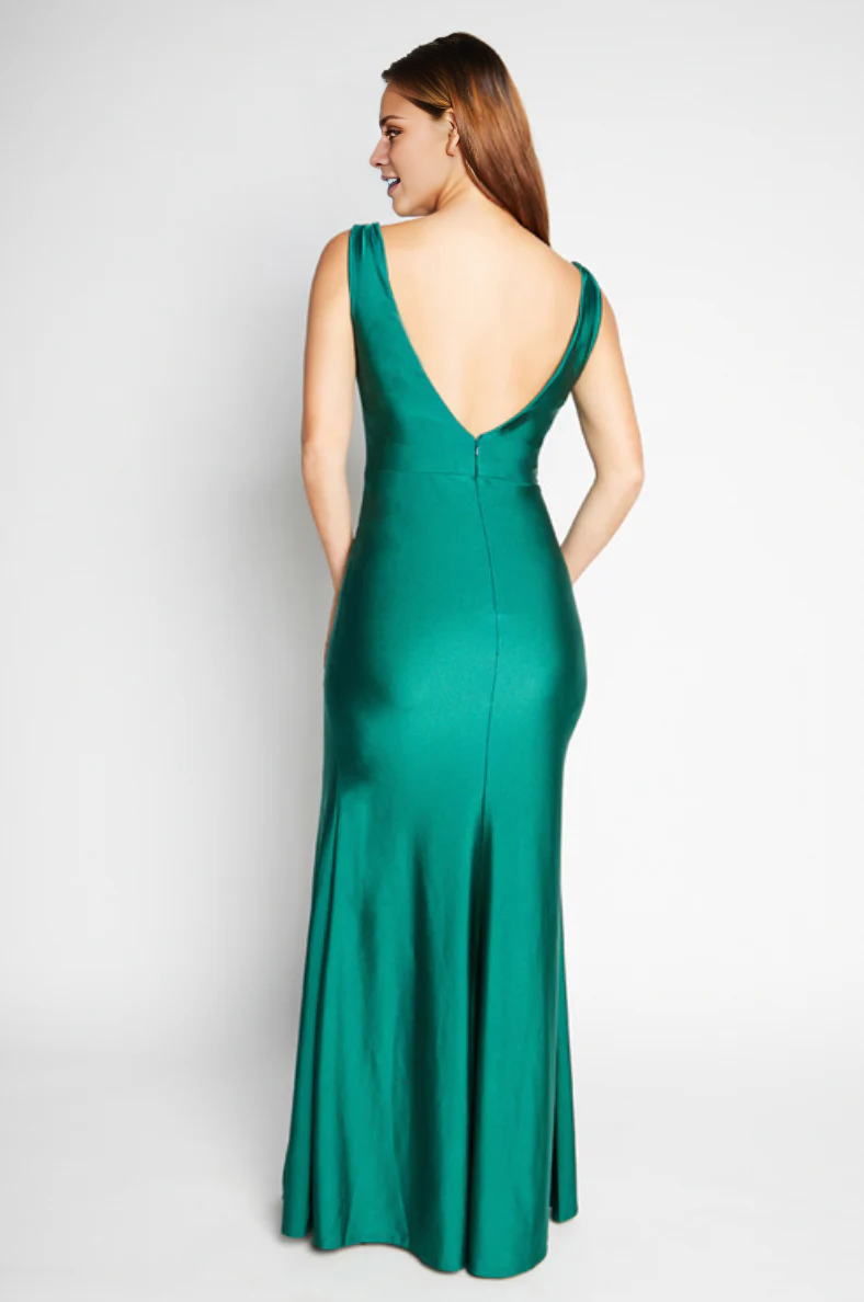 Vestido de noche Jimiss con escote en V profundo, sin mangas, espalda descubierta, abertura lateral y largo hasta el suelo