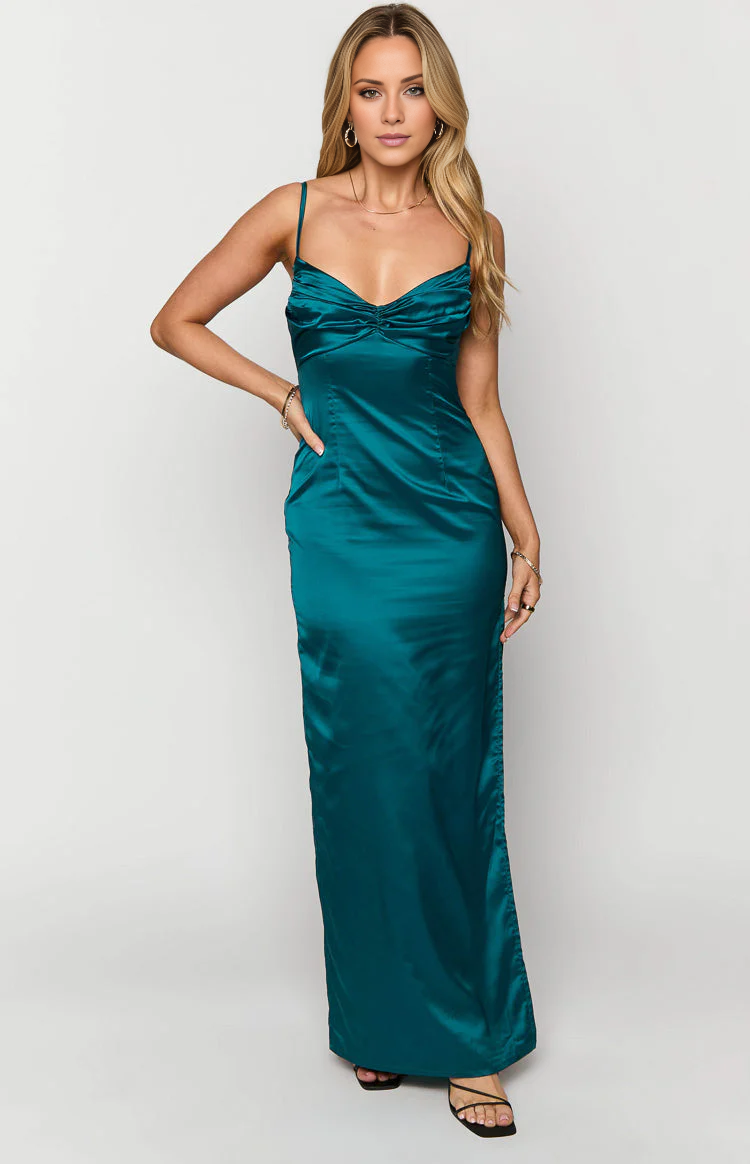 Teal Satin Sweetheart Floor-Length Evening Dress