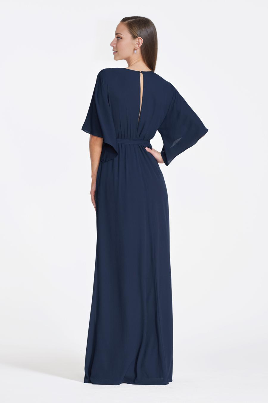 Jimiss deep V-neck long sleeved side slit and floor length evening dress