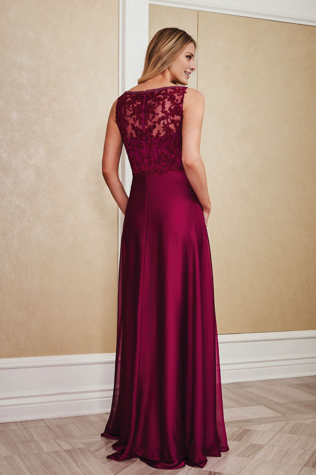 Burgundy Satin A-Line Floor-Length Bridesmaid Dress with Lace Appliques & Boat Neck