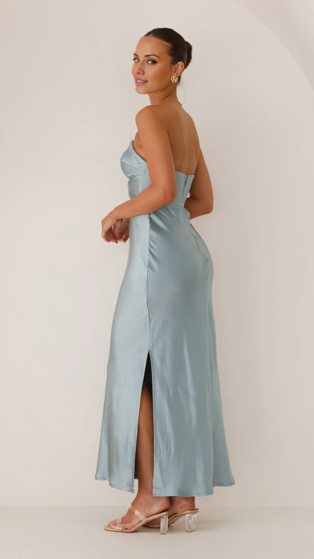 Dusty Blue Satin Sweetheart Sheath/column Midi Dress