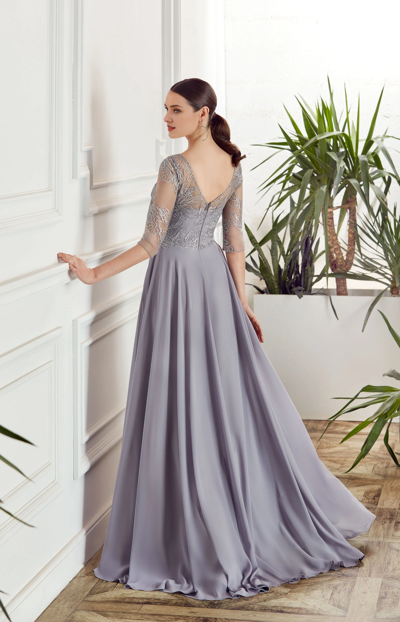 Grey Chiffon A-Line Floor-Length Bridesmaid Dress with Embroidered Bodice and 3/4 Sleeves