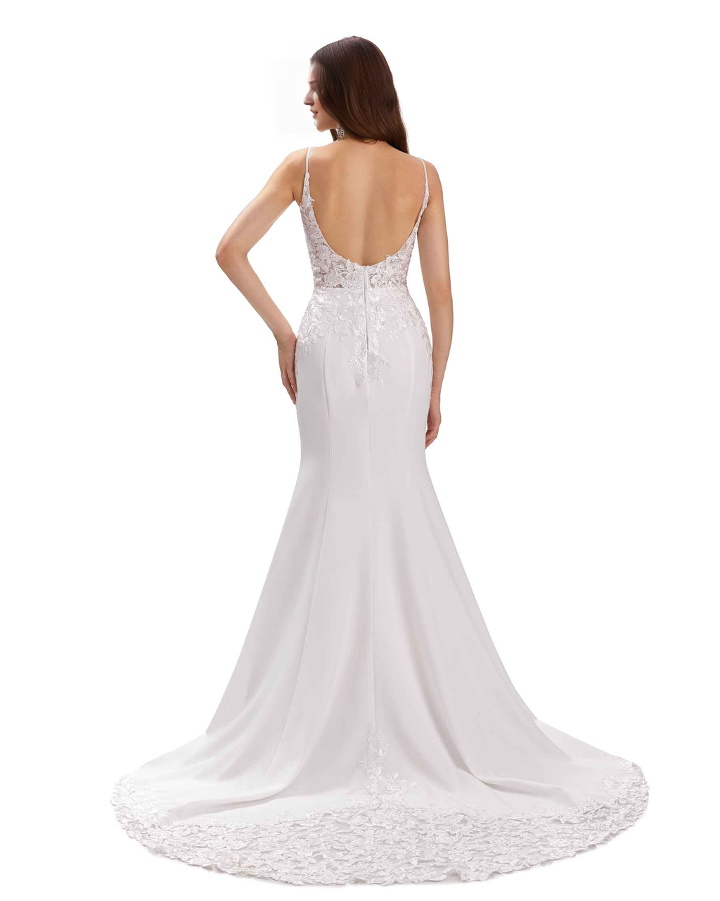Vestido de novia sexy de sirena con tirantes finos y escote en V, de encaje ultra largo