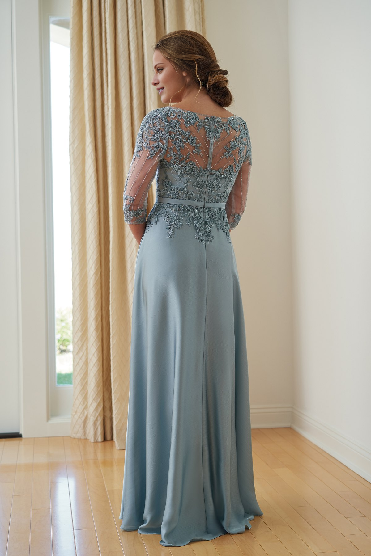 Dusty Blue A-Line Floor-Length Evening Dress with Lace & Beaded Illusion Sleeves
