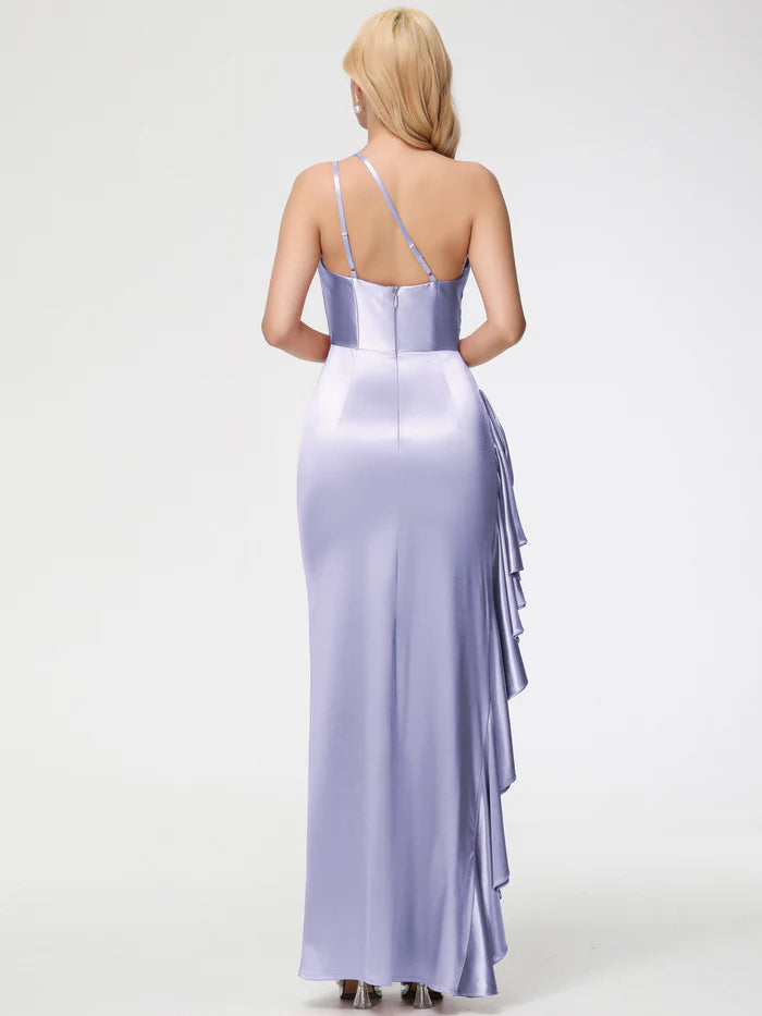 Vestido de fiesta Jimiss de satén con volantes, plisado, sin mangas y un solo hombro, corte trompeta/sirena