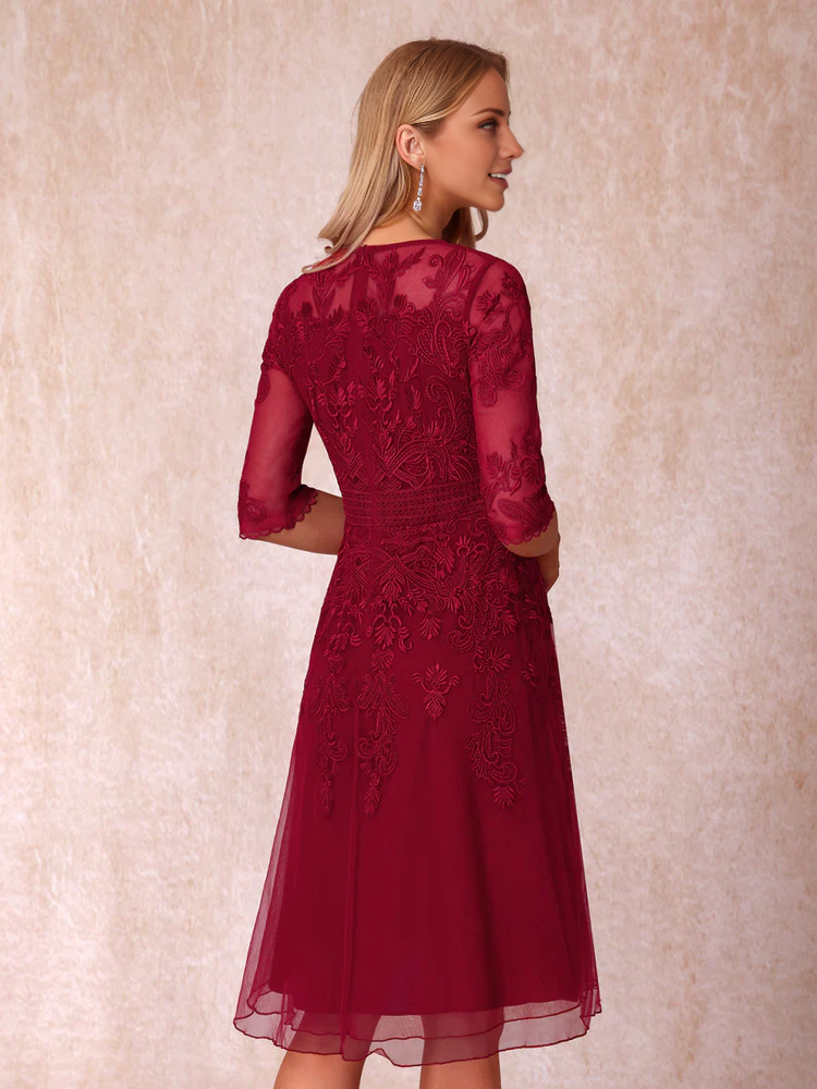 Burgundy Lace A-Line Knee-Length Dress featuring Lace Embroidered Bodice and Sheer 3/4 Sleeves