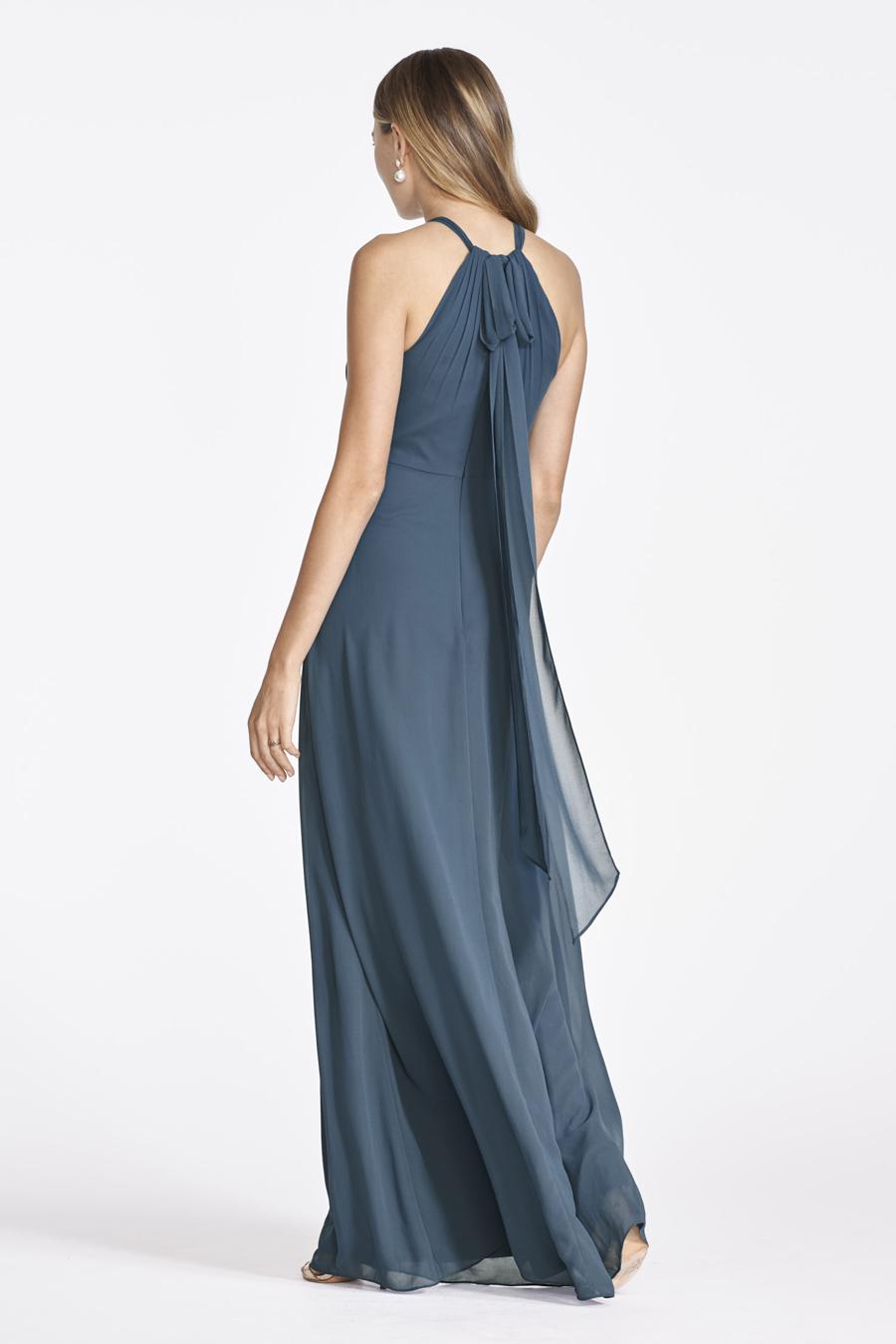 Vestido de noche Jimiss con escote halter, sin mangas, hombros descubiertos, plisado, con lazo y largo hasta el suelo