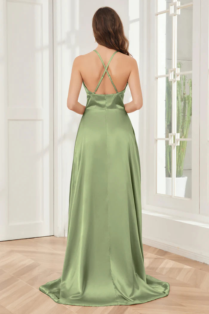 Sage Green Satin Halter neckline A-Line Floor-Length Bridesmaid Dress