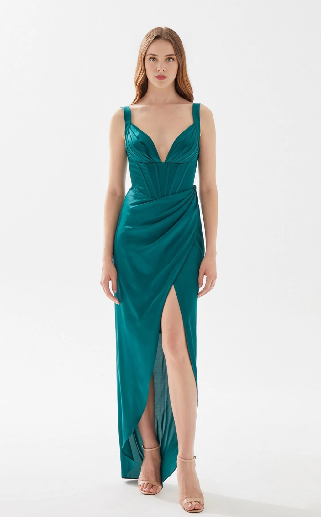 Vestido de noche largo hasta el suelo con abertura alta, sin mangas y escote en V profundo