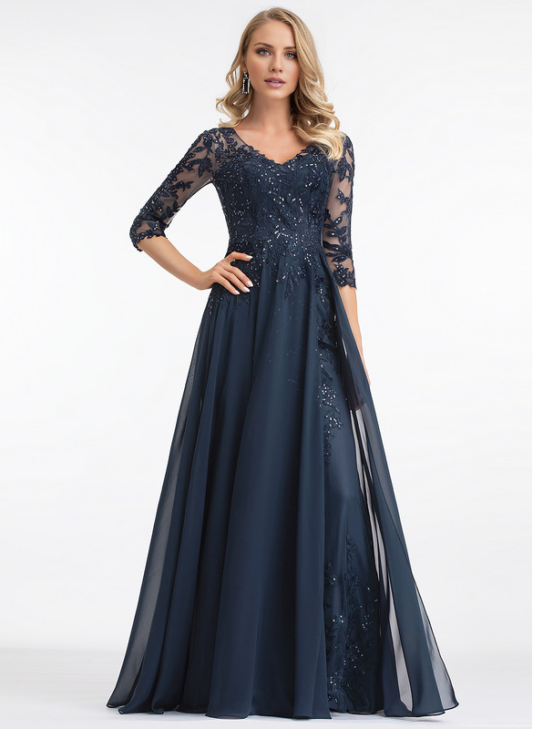 Dark Navy Lace & Chiffon A-Line Floor-Length Evening Dress with V-Neck and Sheer Sequin Sleeves