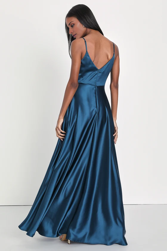 Vestido de noche Jimiss con escote en V, hombros descubiertos, sin mangas, tirantes finos, espalda descubierta, abertura lateral y largo hasta el suelo